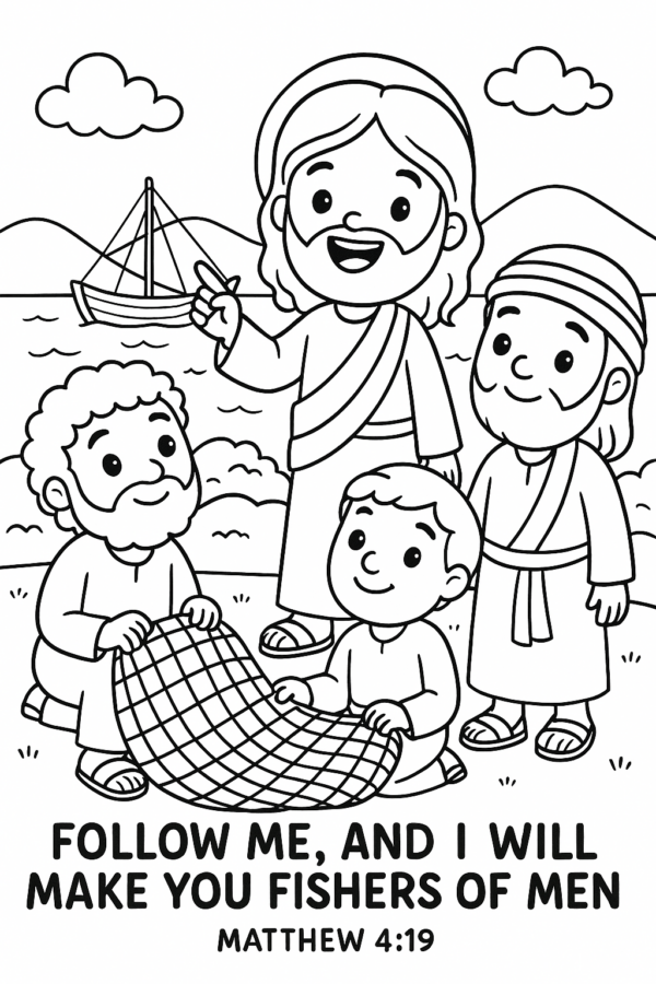 “Fishers of Men” Coloring Page – Matthew 4:19 Scripture Art