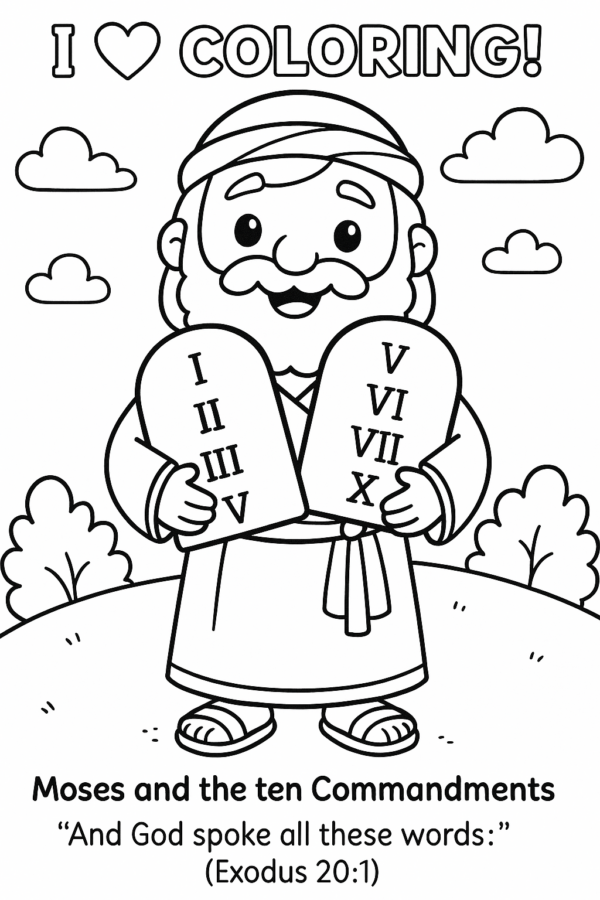Cute Moses with Ten Commandments Coloring Page (Exodus 20:1)