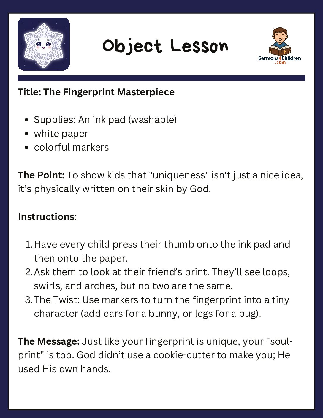 The Fingerprint Masterpiece: Children's Object Lesson