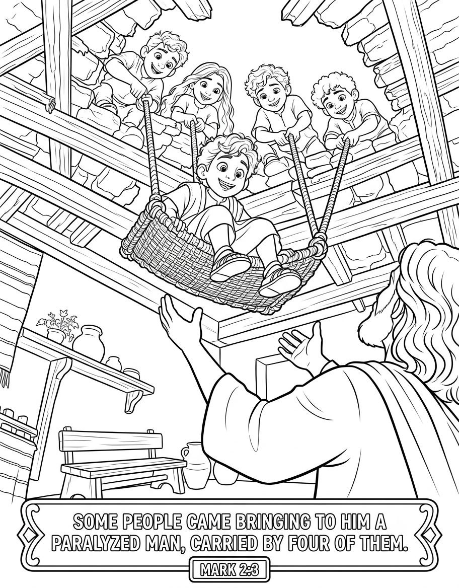 Through the Roof! Real Friends Bring People to Jesus Bible Coloring Page