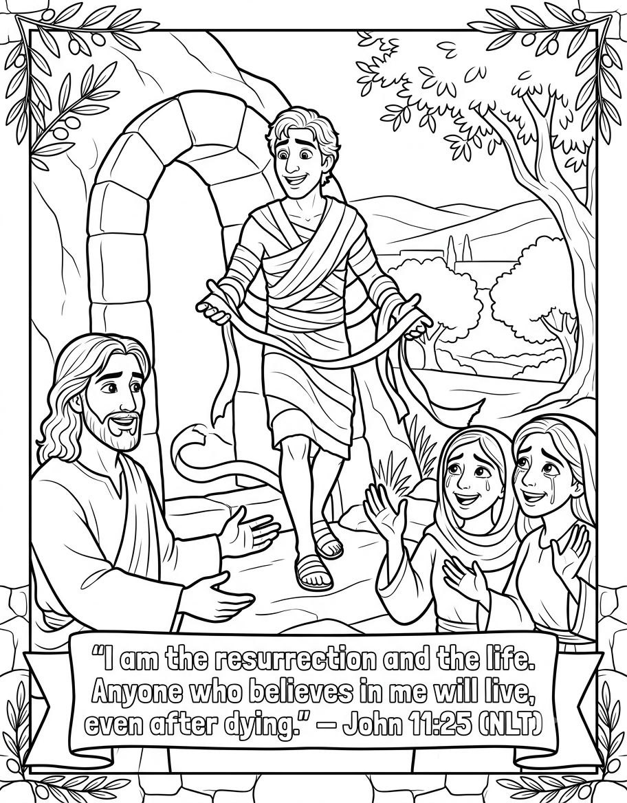 Unwrapped: The Miracle of Lazarus (John 11:25) Bible Coloring Page