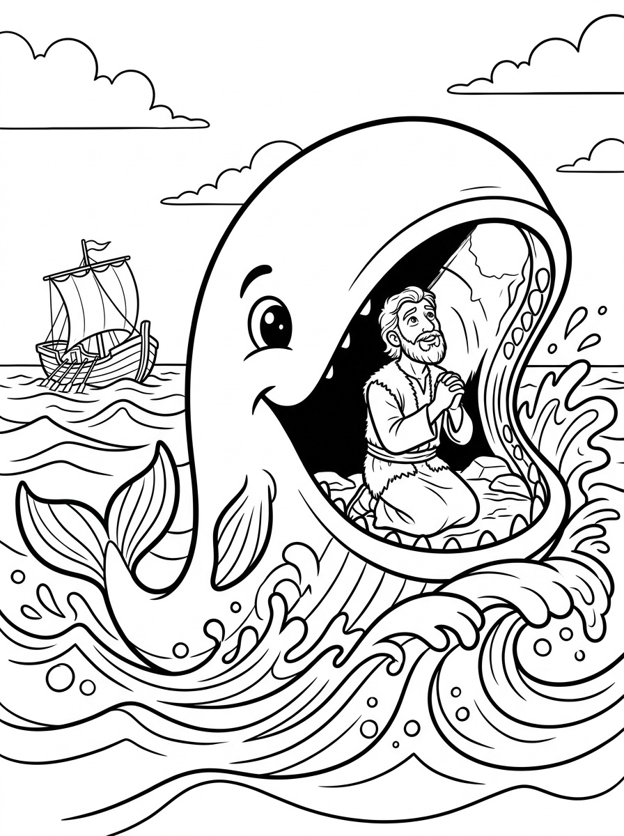 Jonah and the Big Fish Sunday School Coloring Page